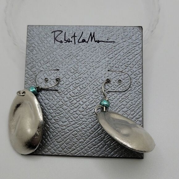 TURQUOISE and cream swirl circle drop silver dangle earrings. - Picture 3 of 4